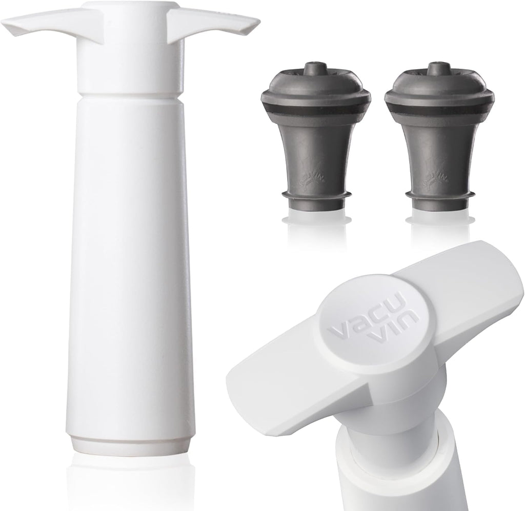 Vacu Vin Wine Saver Pump White with Vacuum Wine Stopper - Keep Your Wine Fresh for up to 10 Days - 1 Pump 2 Stoppers - Reusable - Made in the Netherlands