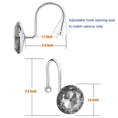 12PCS Shower Curtain Hooks Rings for Bathroom, Stainless Steel Rust Resistant Decorative Rhinestones Shower Curtain Rings Hangers for Shower Curtains, Clothing, Towels, etc. (Grey)