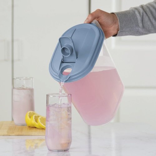 Sterilite Plastic Pitcher Water Jug Drink Dispenser Blue Atoll Lid and Tab with Clear Base and Comfort Grip Handle for Kitchen and Home, Washed Blue