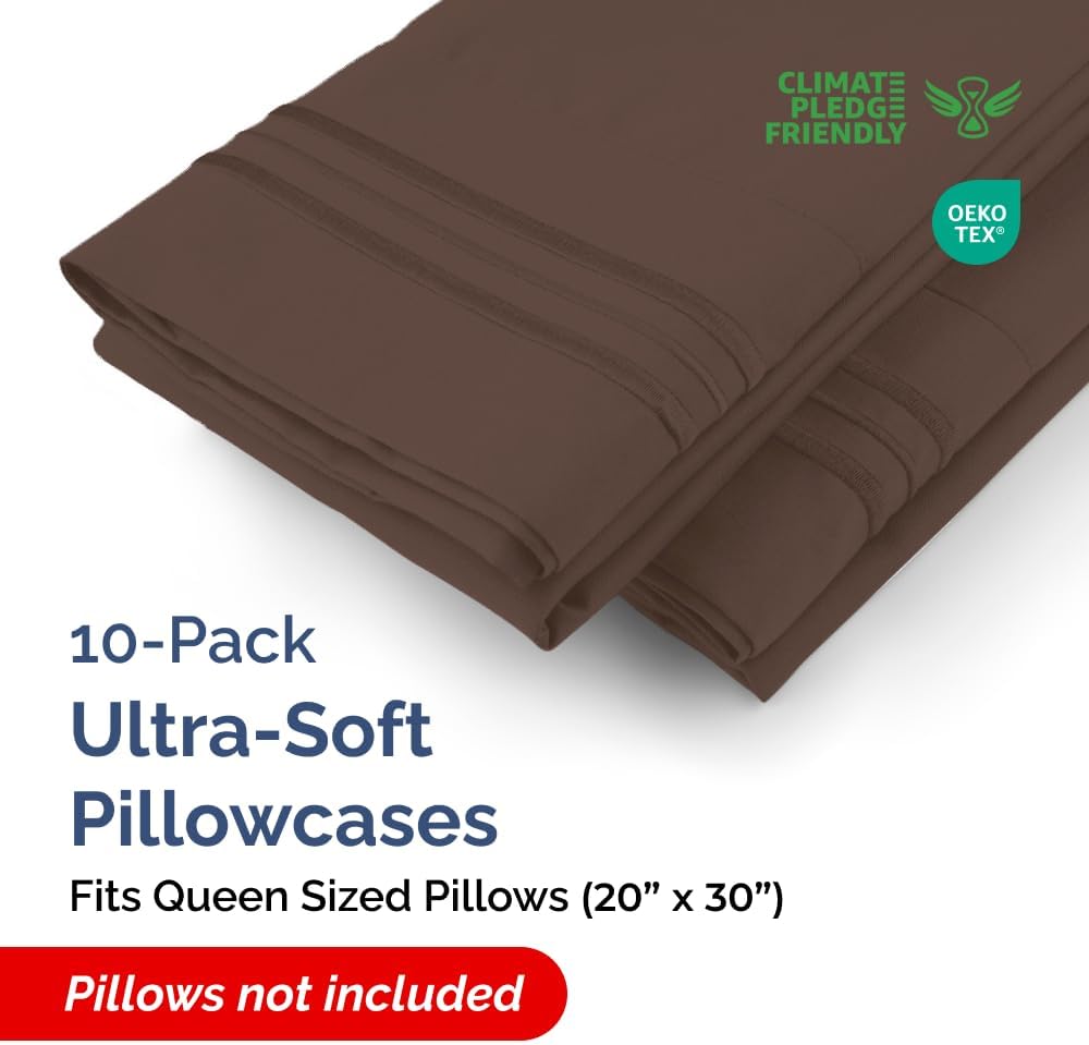Ultra Soft Hotel Quality Pillow Cases Set by Queen | 10 Comfy, Wrinkle-Free Covers - Stain & Fade Resistant - Easy Care, Machine Washable - Brown