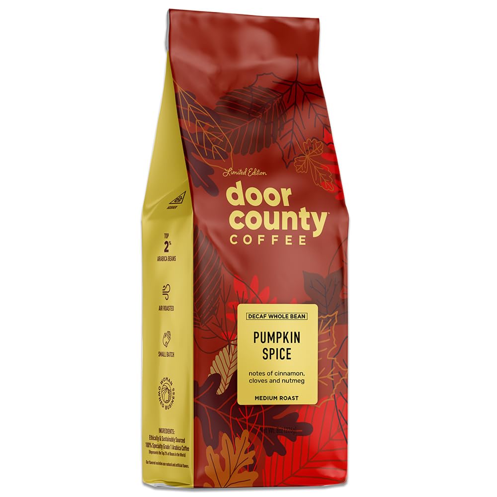 Door County Coffee Pumpkin Spice DECAF Flavored Coffee Whole Bean - 8 oz Bag - Fall Seasonal - Medium Roast - 100% Specialty Arabica - Cinnamon & Nutmeg Flavored