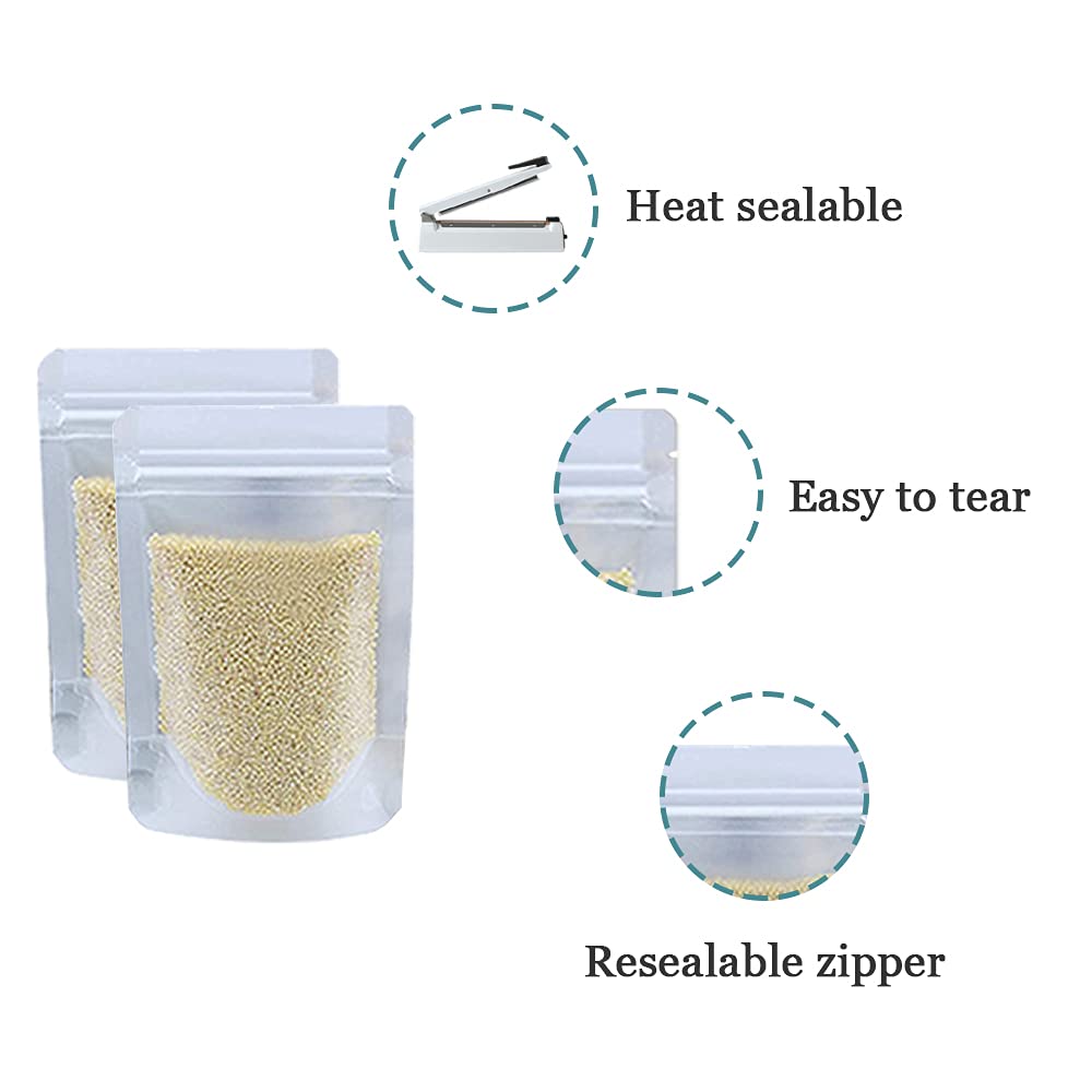 PABCK 500 Pcs 3.5x5.1 inch Resealable Stand Up Bags Matte Clear Zipper Lock Heat Seal Pouches with Tear Notch for Zip Food Storage Lock Packing