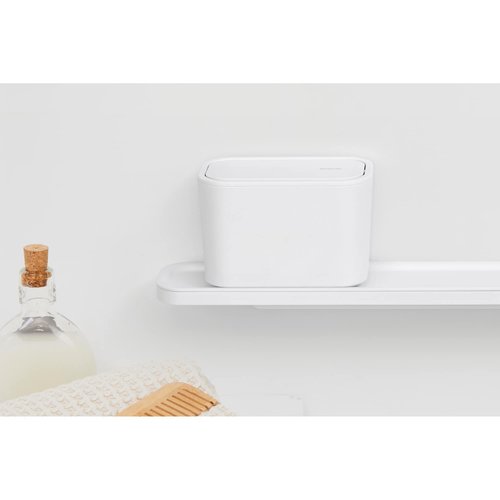 Brabantia MindSet Bathroom Small Trash Caddy (White) Hygienic Basin Top Storage Can with Swing Lid for Disposal of Used Cosmetics, Cotton Pads, Cue Tips (4 x 6 x 3)