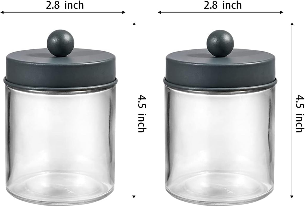 Amolliar Apothecary Jars - Stylish Bathroom Storage Organizer | Glass Canister with Lid for Q-Tips, Cotton Swabs & Makeup Accessories - Grey (2 Pack)
