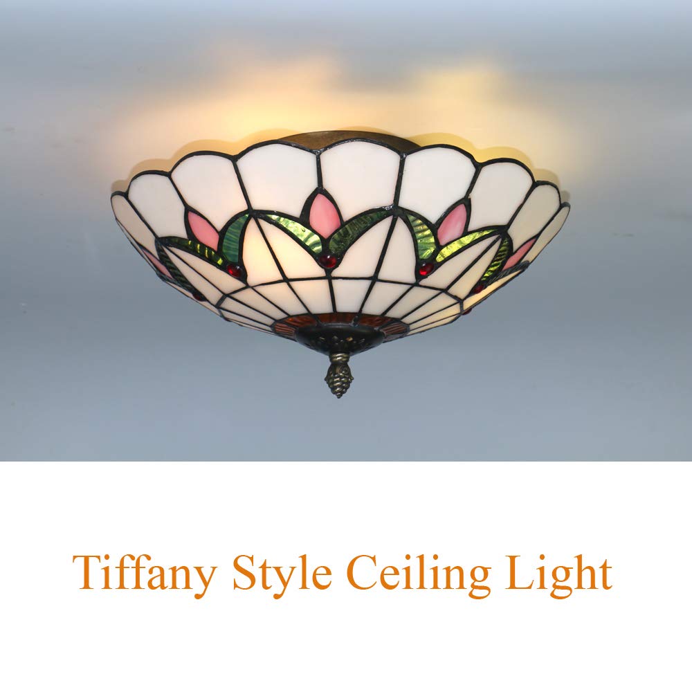 Skyweel Tiffany Style Ceiling Light Vintage Stained Glass Flush Mount Ceiling Lighting Fixtures Lamps (12 Inch W)