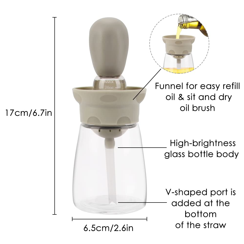 Oil Dispenser Bottle with Brush - 2 IN 1 Glass Olive Oil Storage and Container with Silicone Basting Brush for Kitchen BBQ Grilling Baking and Cooking, T-OB22, Grey