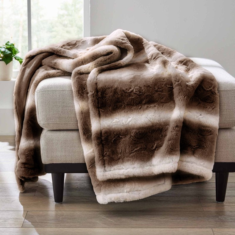 Brown Ombre Faux Fur Throw Blanket - Reversible 50x72 Inches - Cozy Home Decor