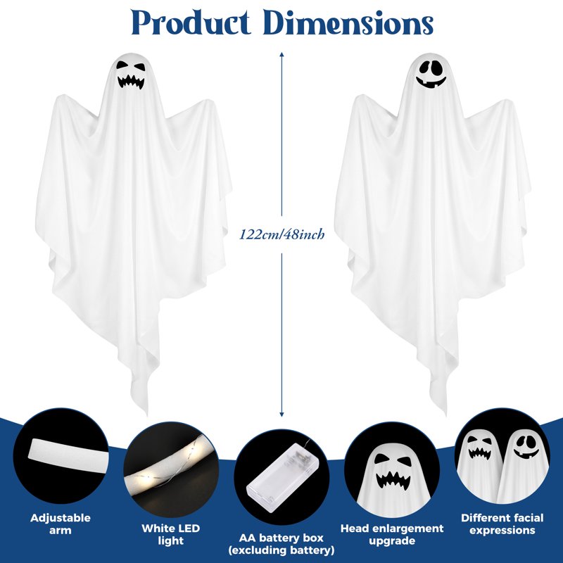 Halloween Ghost Decor Light Set - White, 48-Inch Hanging Ghosts with LED Lights, Outdoor Yard & Garden Decoration