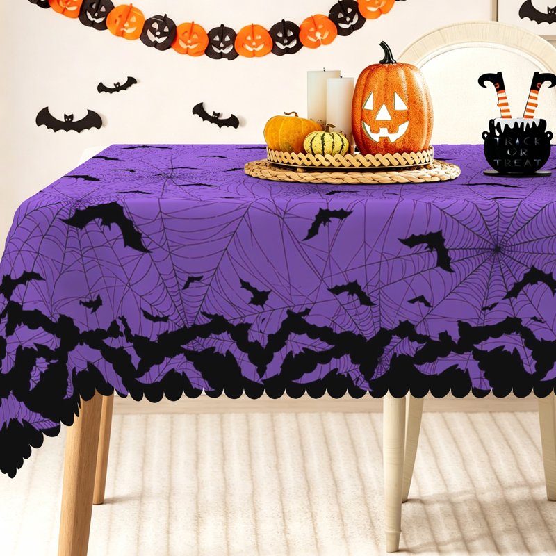 Halloween Bat & Spider Web Tablecloth - 60x84 Inch, Purple & Black, Rectangular