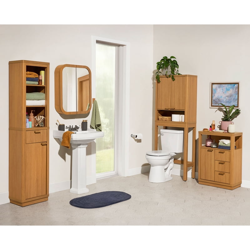 Vanity Storage Cabinet with Fluted Doors - Warm Honey Finish