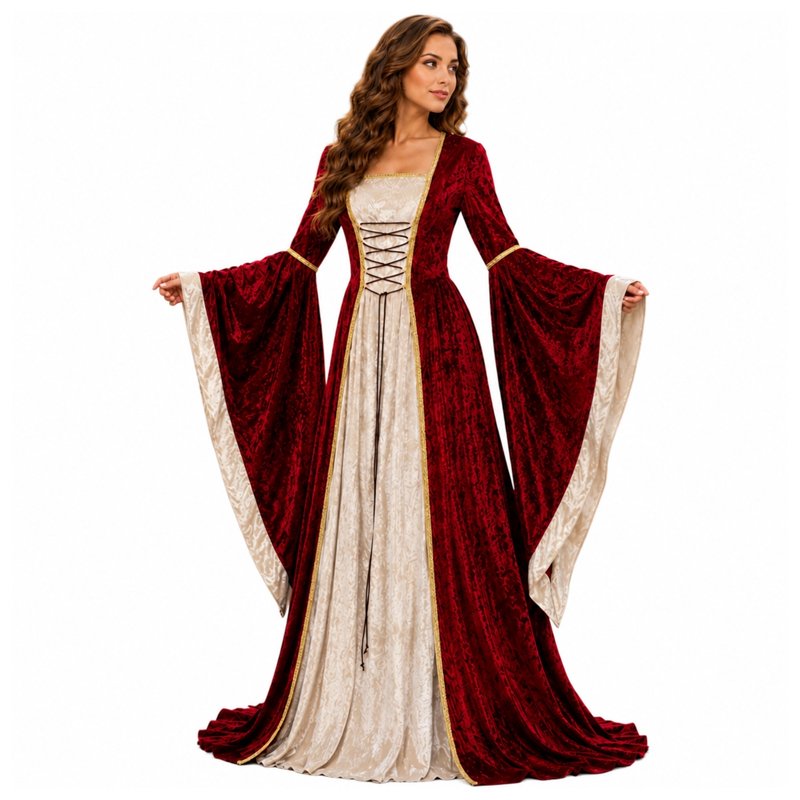 Women's Gothic Witch Costume Dress - Halloween Vampire Renaissance Velvet XL Vermilion