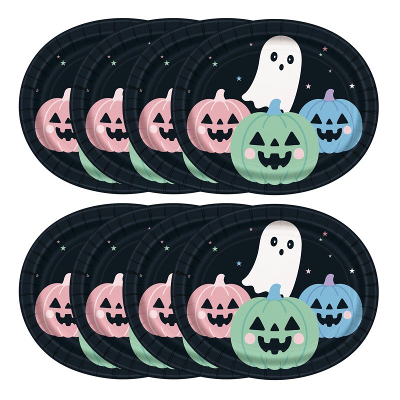 Pastel Ghosts Disposable Oval Plates - Halloween Party Tableware, 12x10 Inches, Pack of 8
