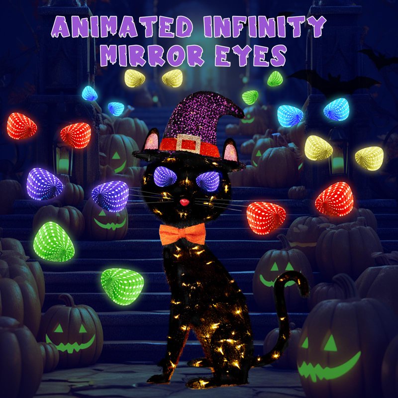 Black Cat Halloween Decor with Animated Infinity Eyes & Witch Hat - 3.5ft Light-Up Outdoor Yard Decoration