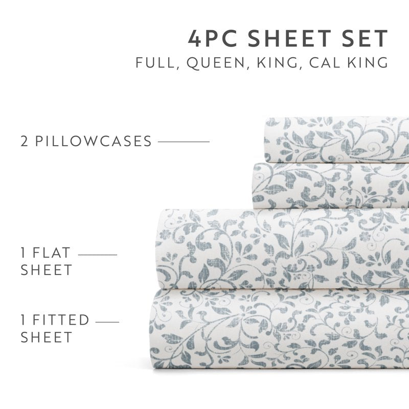 King Coastal Pattern Bed Sheets Set - Distressed Vine Blue, 4 Piece