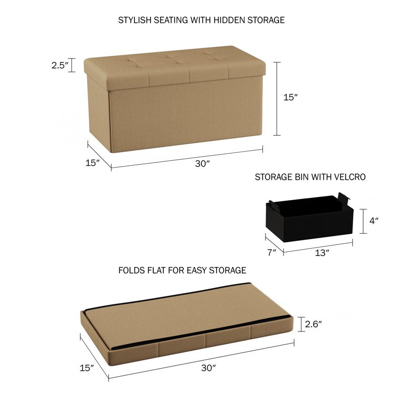 30-Inch Folding Storage Ottoman Bench with Removable Bin - Beige