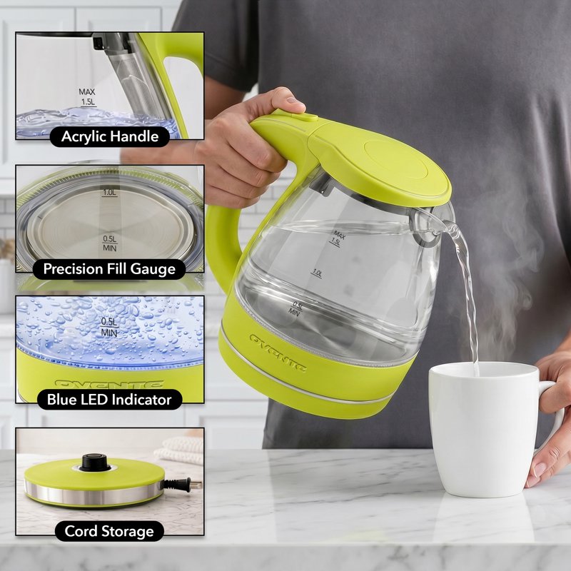 1.5L Electric Glass Kettle - Fast Boiling, BPA-Free, Green