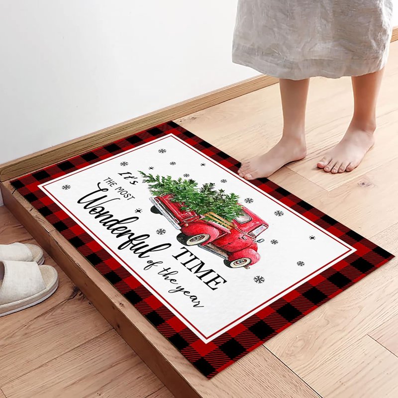 Red Buffalo Plaid Entrance Door Mat 32x20 Inch Christmas Truck Non-Slip Rug