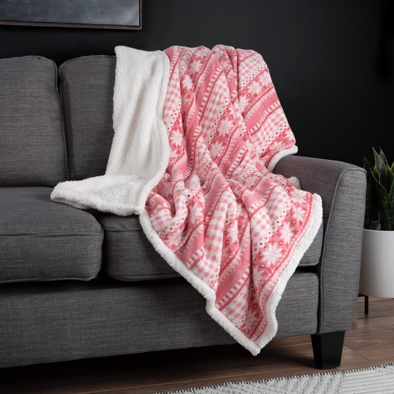Reversible Pink and White Snowflake Fleece Blanket - 50x60 Throw for Couch & Bed