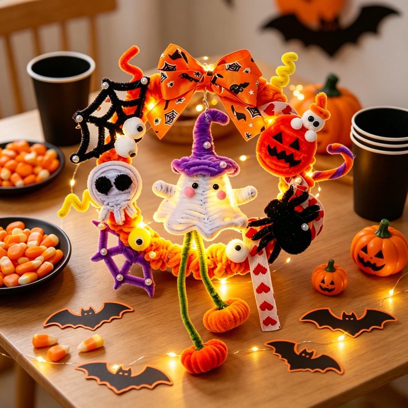 Halloween Wreath with Orange LED Pumpkin and Ghost - Front Door Decor - Variation of THIS listing