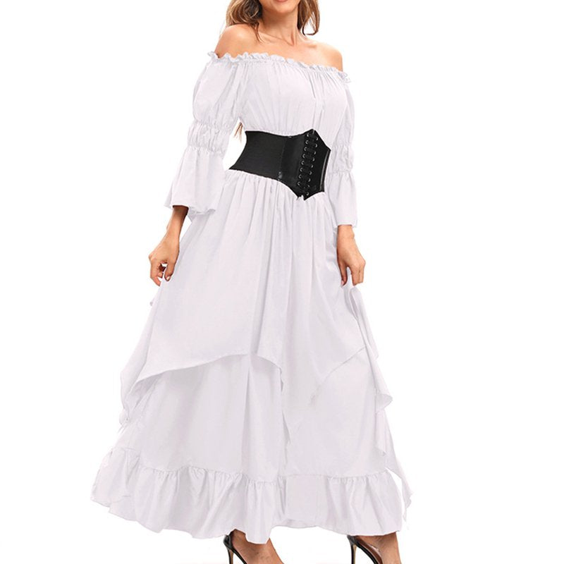 Women's Renaissance Dress - White, Size M, Long Sleeve Solid Summer Dress
