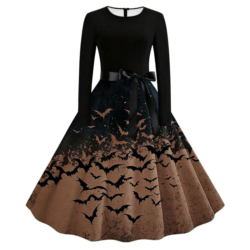 Women's Vintage Halloween Bat Print Swing Dress with Satin Sash - Brown XL