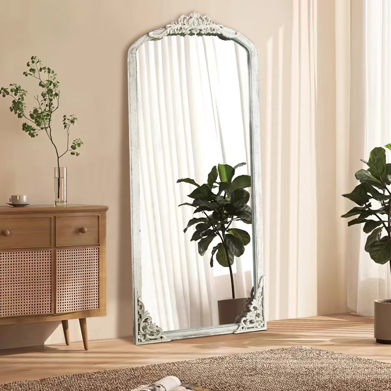 Full-Length Arched Vintage Mirror 71 x 30 Weathered White with Wooden Frame