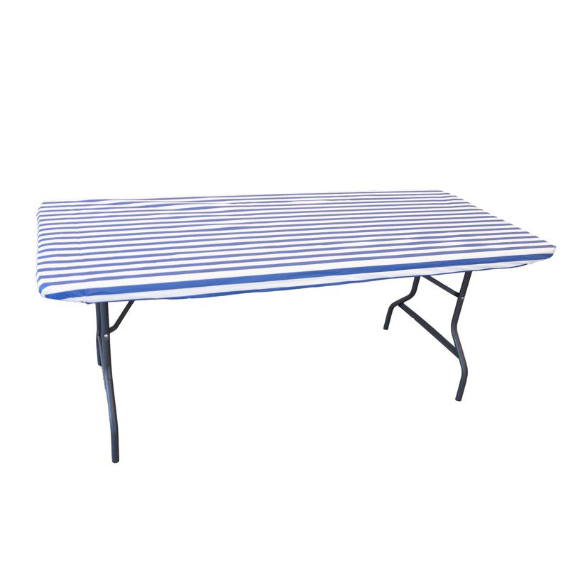Elastic Fitted Vinyl Table Cover - White/Blue Stripe, 4 Pack