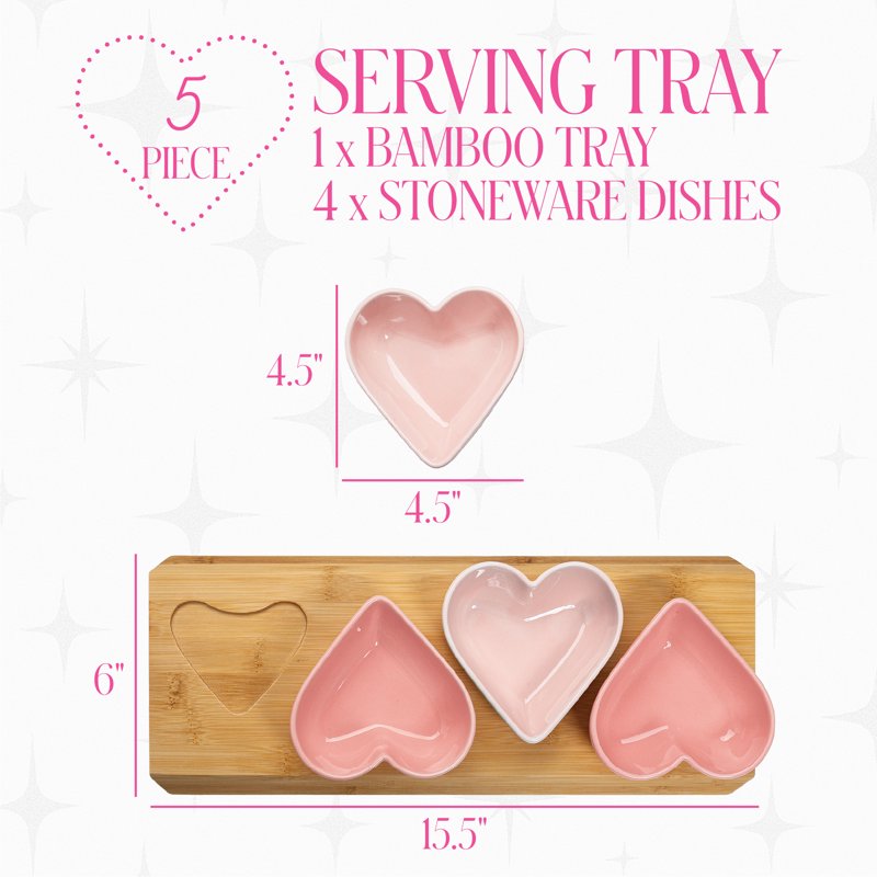 5-Piece Heart Dip Bowl Set with Bamboo Tray - Blush Pink & Rose Pink