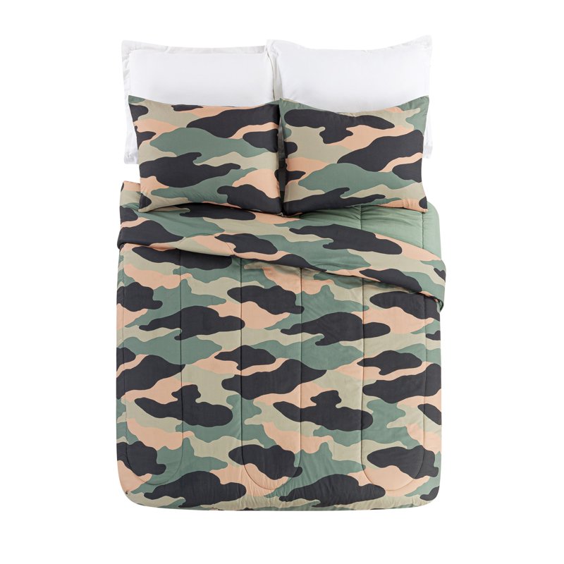 Kids Camouflage Green Comforter Set - Twin 2-Piece Bedding with Shams - Urban Playground