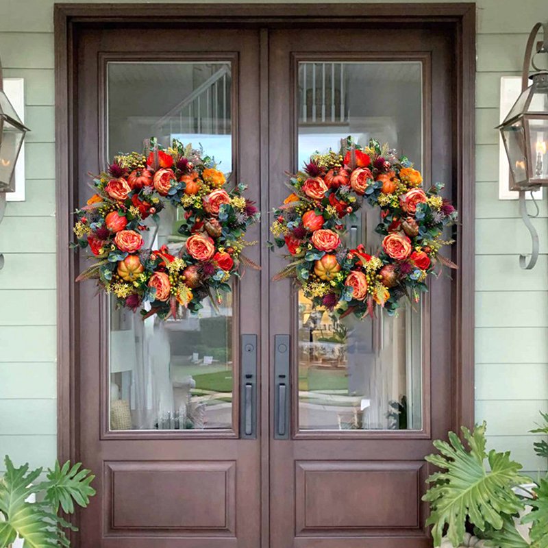 Autumn Pumpkin & Peony Wreath for Front Door - Fall Harvest Decor 15.74"