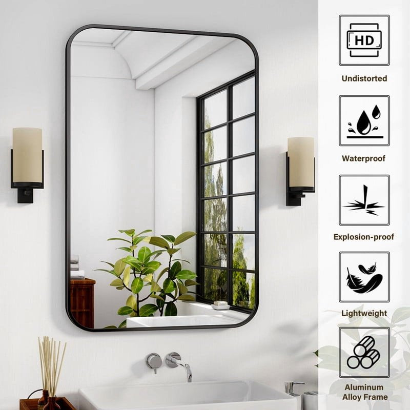 Bathroom Mirror 38x26 Inch Rectangular Wall Mount with Rounded Corners Black - Modern Design