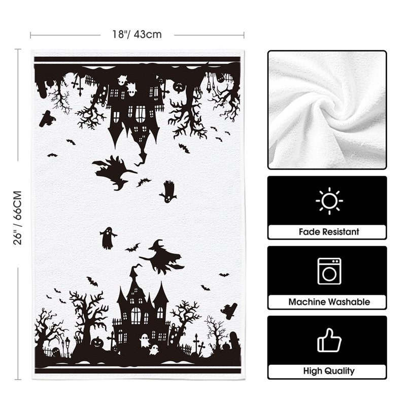 Haunted House Tree Kitchen Towels Set of 2 - Black White Spooky Ghost Witch Halloween 18x26 A