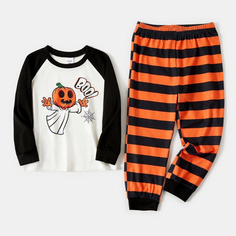 Halloween Pajamas Set for Kids - Pumpkin Ghost Print 2-Piece Long Sleeve & Striped Pants - Variation of 5-Stripe Pumpkin, 3-4Y