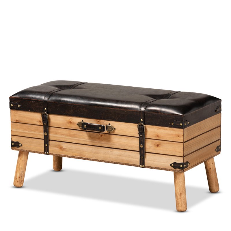Large Storage Ottoman - Rustic Dark Brown PU Leather & Oak Wood