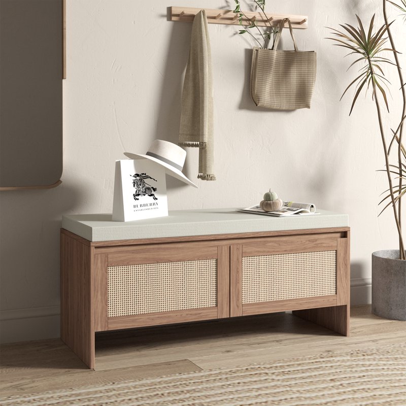Mid-Century Modern Rattan Storage Bench with Padded Seat