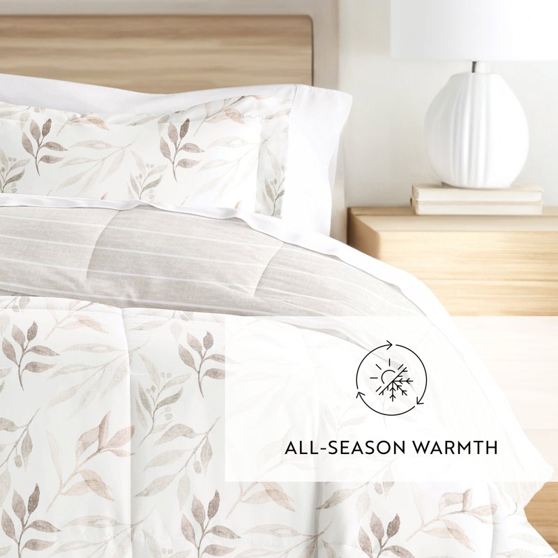 King Down Alternative Foliage Stripe Ivory Reversible Comforter Set - All Season Bedding