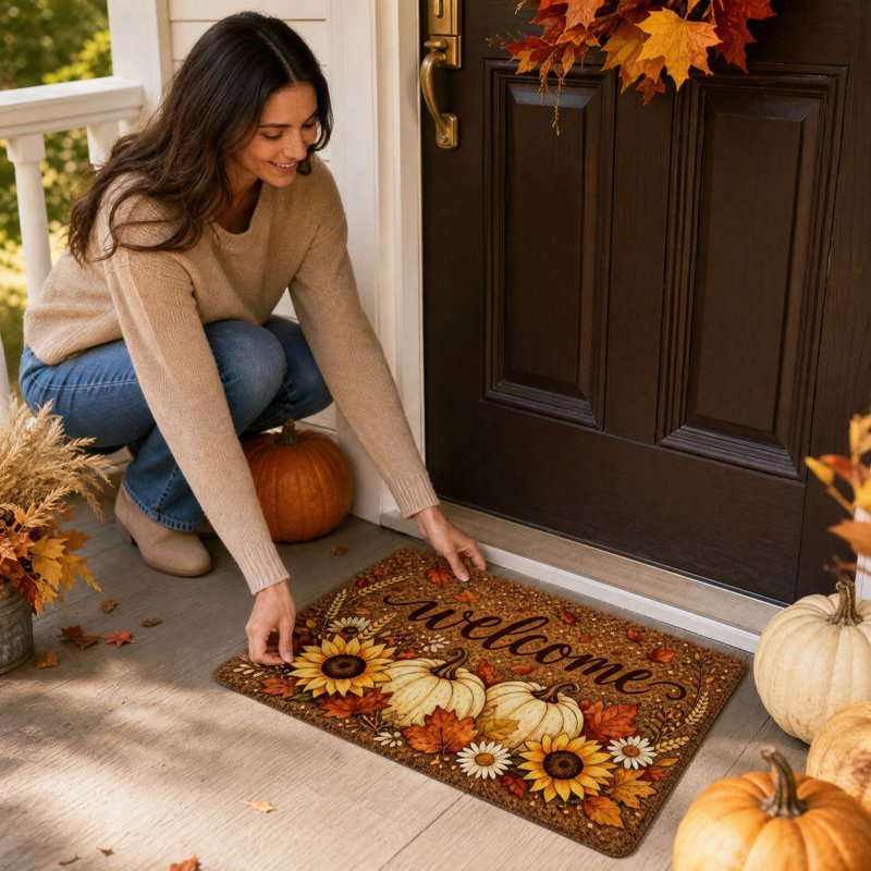 Thanksgiving Doormat with Pumpkin & Sunflowers - Seasonal Front Door Mat, Non-Slip Indoor Outdoor Welcome Rug, 15.8 x 23.6 Inches (A-a)
