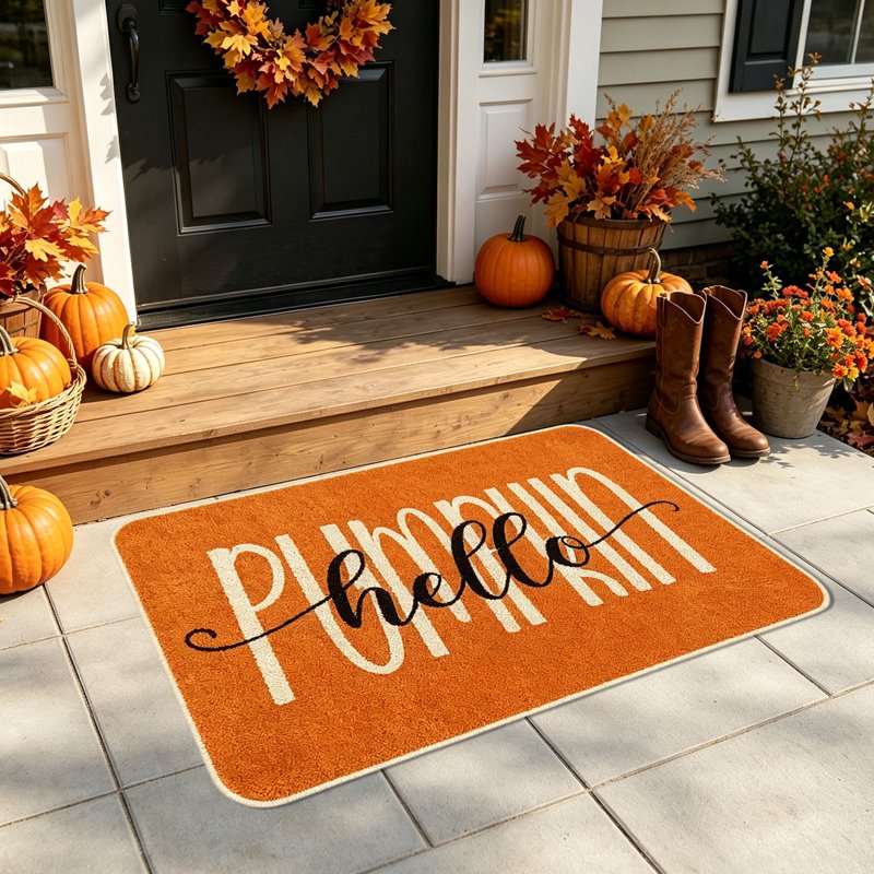 Thanksgiving Doormat - Non-Slip Orange Hello Pumpkin Autumn Front Door Mat – Indoor Outdoor Seasonal Decor - 15.8 x 23.6 Inches (V)