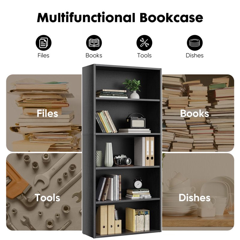 5-Shelf Wooden Bookcase - Floor Standing Storage Shelves