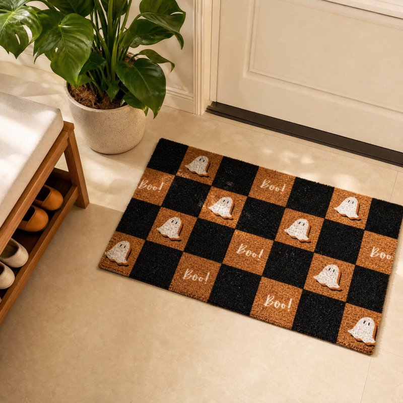 Halloween Checkerboard Ghost Doormat - Non-Slip Coir Floor Mat for Front Door B