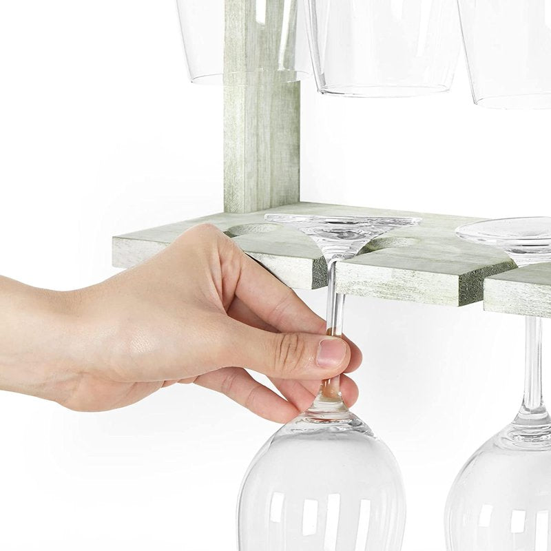 2-Tier Wall Mounted Wood Wine Glass Holder Rack - Gray Green