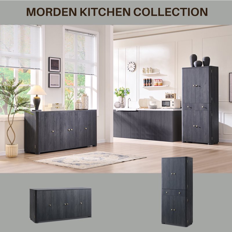 Curved Coffee Bar Storage Cabinet - 66" Grey Sideboard with 4 Doors