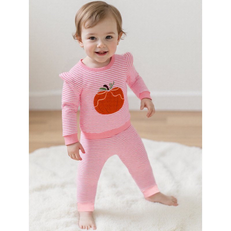 Toddler Girls Halloween Outfit Set - Embroidery Pumpkin Sweatshirt & Striped Pants, 18-24 Months - Style 31