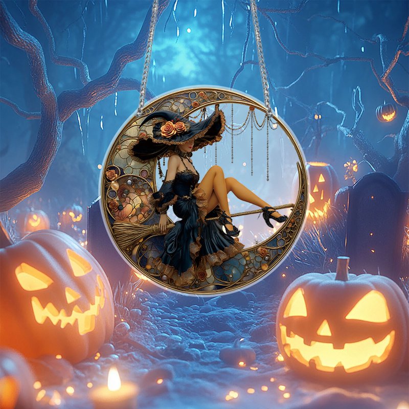 Halloween Witch Acrylic Suncatcher Window Hanging with Crystal Pendant - Decor_O