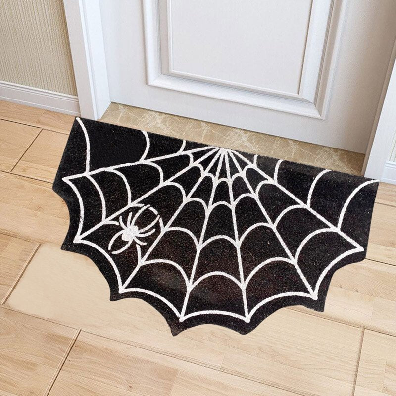 Halloween Welcome Doormat - Outdoor Entrance Half-Circle Floor Rug with Spider Web Design