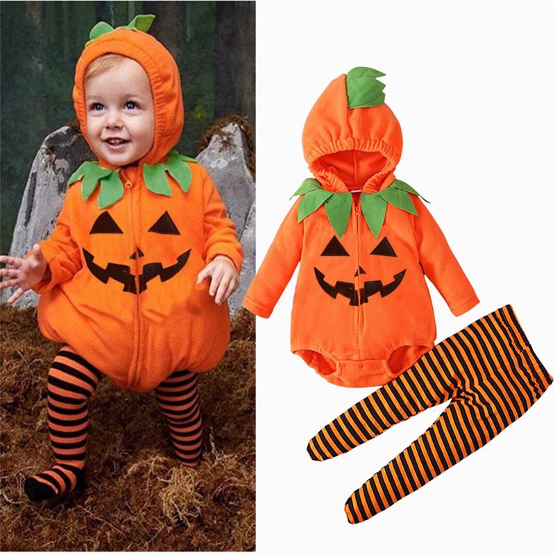 Baby Girl Halloween Outfit Set Z13-Orange3 12-18 Months Hooded Romper & Striped Pants
