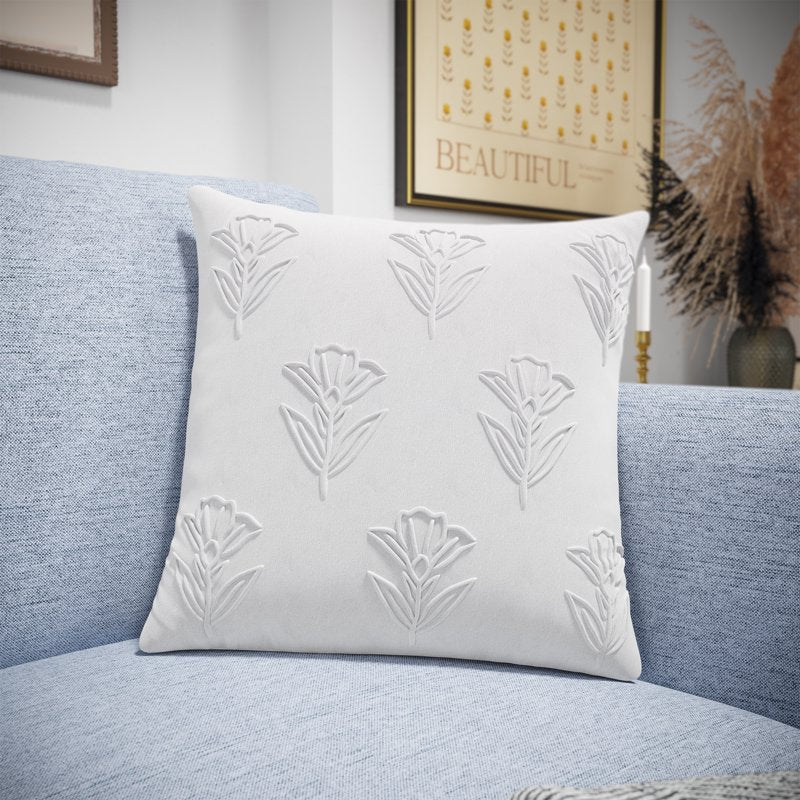 White Floral Pleated Cotton Decorative Pillow 20x20 for Bed & Sofa - Drew Barrymore