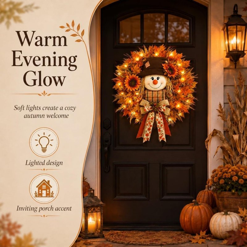 Lighted Fall Wreath for Front Door - Classic Style Harvest Decor with Sunflower & Maple Leaves