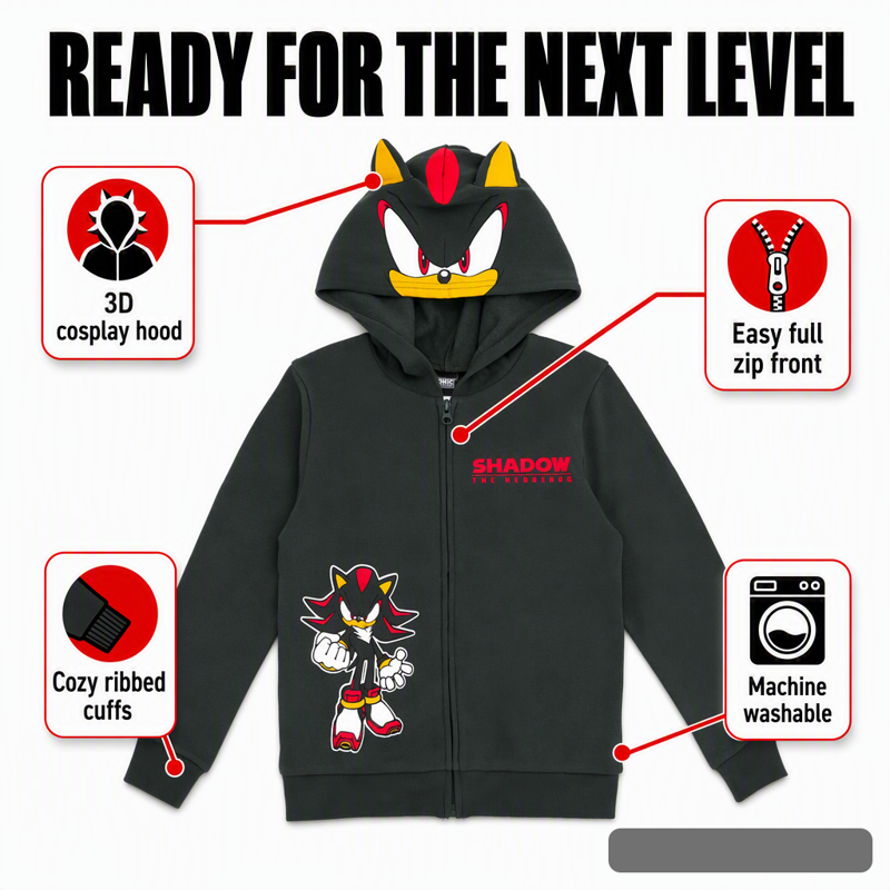 Kids Sonic the Hedgehog Fleece Cosplay Hoodie - Shadow Charcoal 7-8
