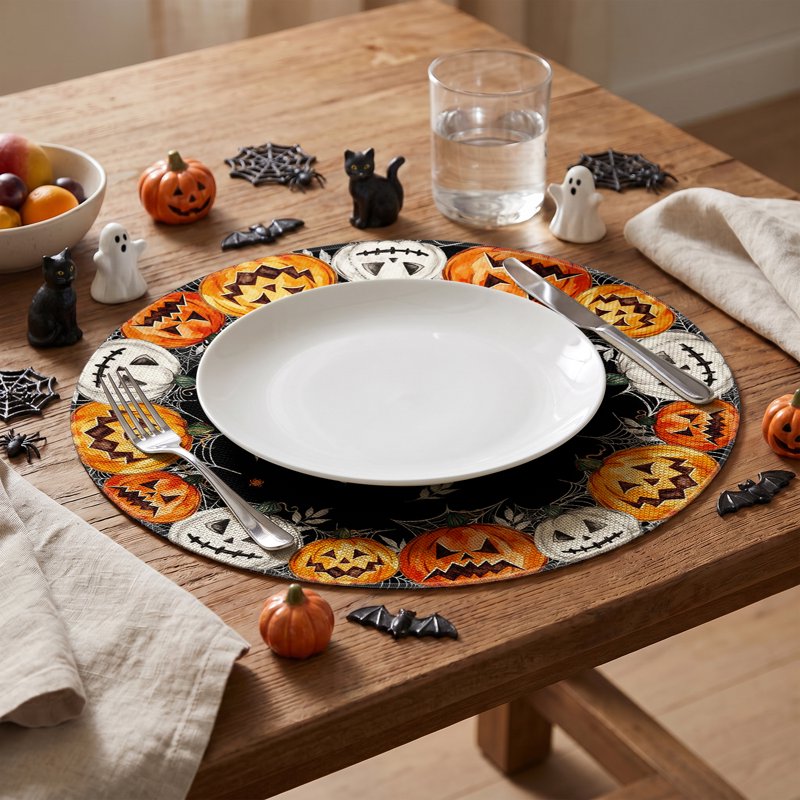 Halloween Placemats Set of 4 - Jack-O'-Lantern Spider Web Round 15 Inch Black G